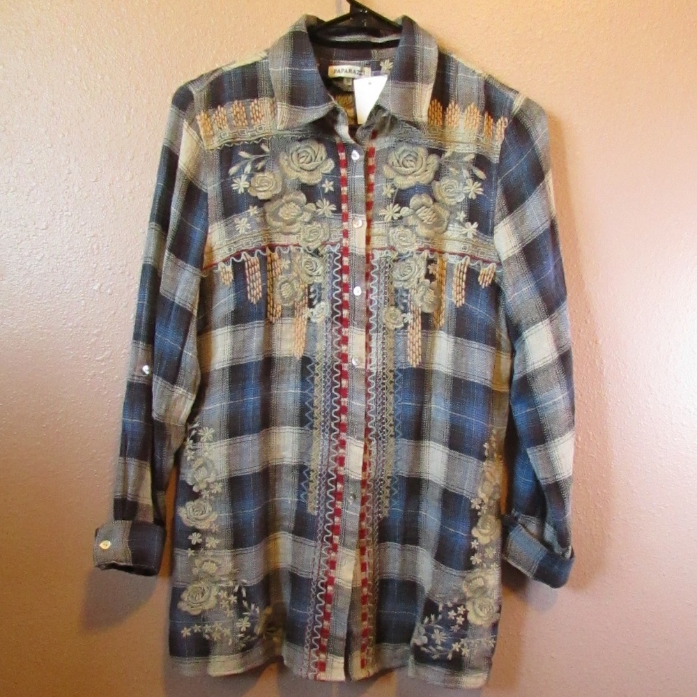 Paparazzi Blue Plaid Button Down Shirt with Embroidery - Picture 2 of 7